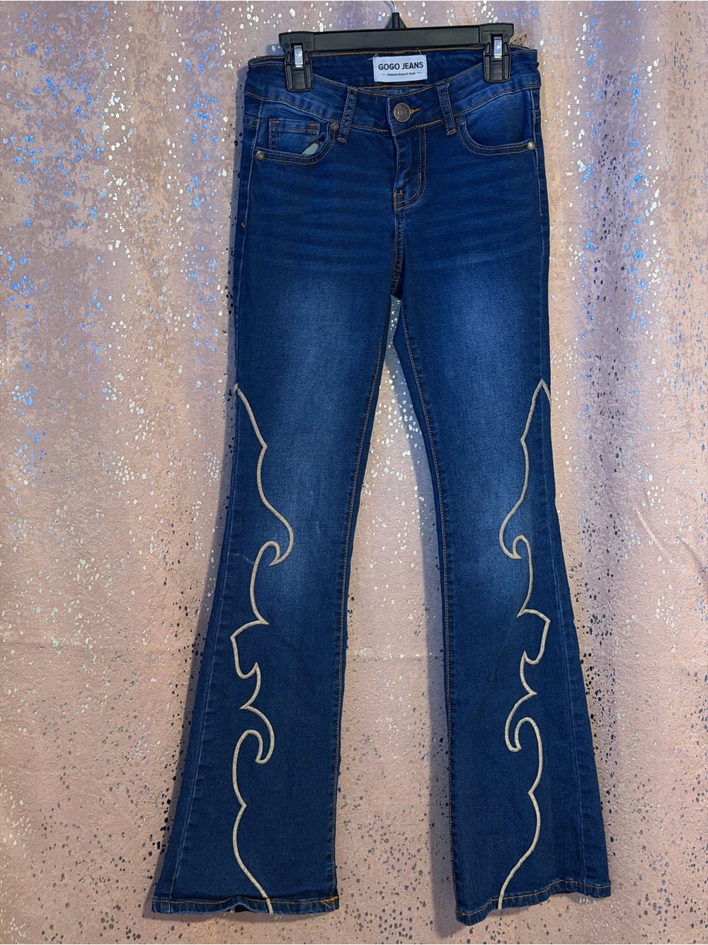 GOGO Women’s Dark Blue Flare Jeans with Contrast Stitching